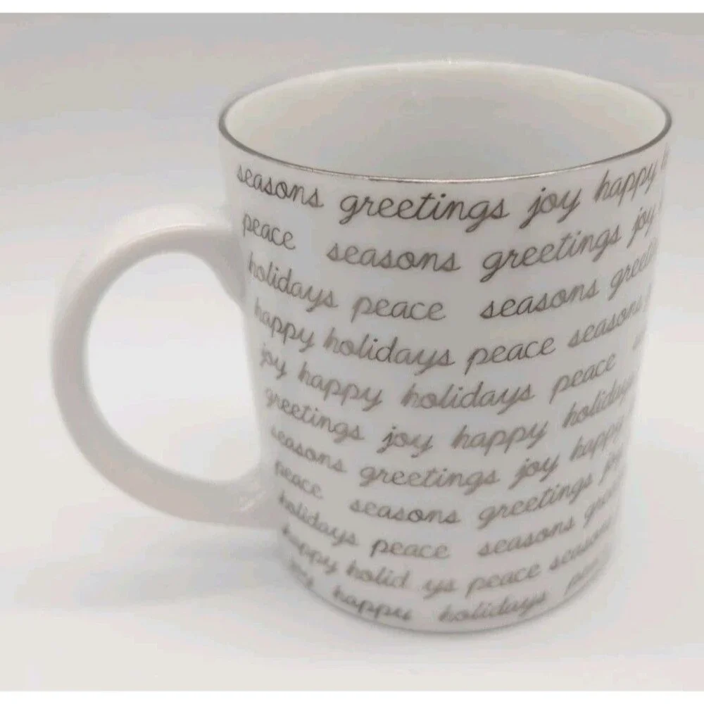 Crate& Barrel Script Mug 8 Oz Holiday Christmas Seasons Greetings Joy Peace